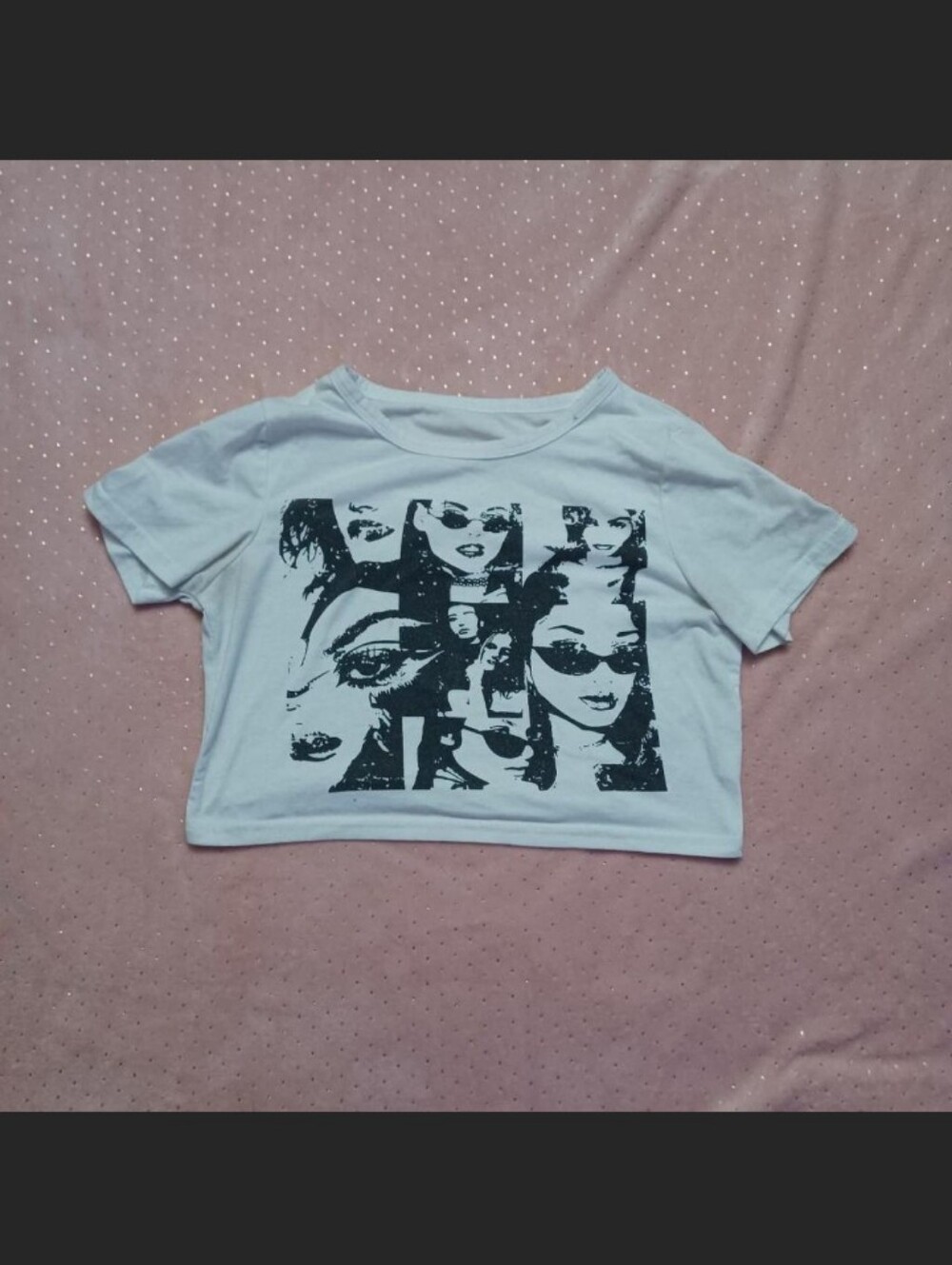 SHEIN White Short Sleeve Graphic Crop Tee with Black Face Collage